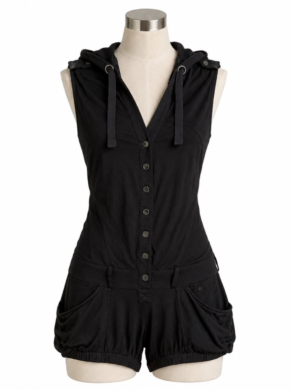 Armani Exchange Sleeveless Black Hooded Romper with Button Front